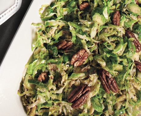 Brussels Sprout Slaw with Mustard Dressing and Maple-Glazed Pecans