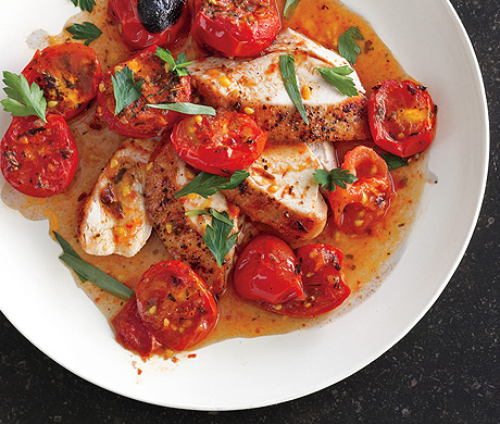 Chicken with Herb-Roasted Tomatoes and Pan Sauce
