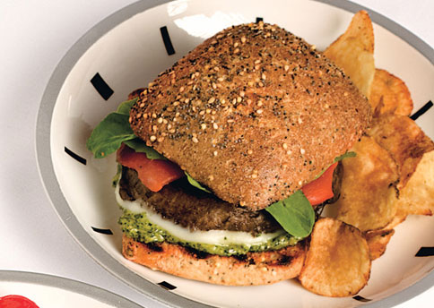 Photo of Portobello Burgers with Pesto, Provolone, and Roasted Peppers