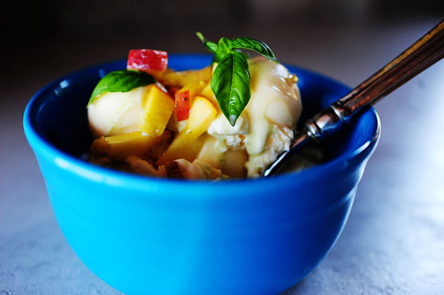 Vanilla Ice Cream with Peach-Basil Topping