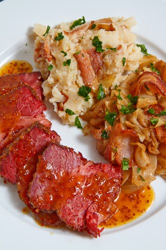 Apricot Glazed Corned Beef With Colcannon And Sauteed Cabbage